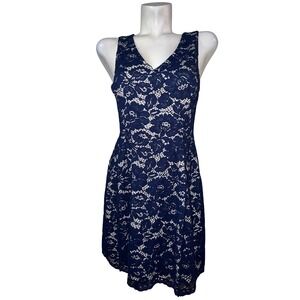 Vince Camuto Navy Blue Floral Lace V-Neck Sleeveless Fit Flare Dress Size 6